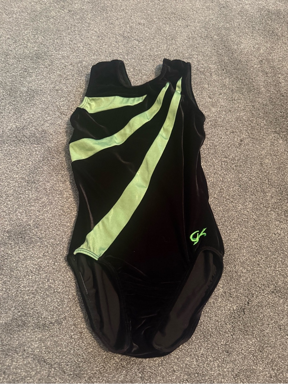 GK Elite Black Velvet Lime Green Accents Gymnastics Leotard Sz AXS